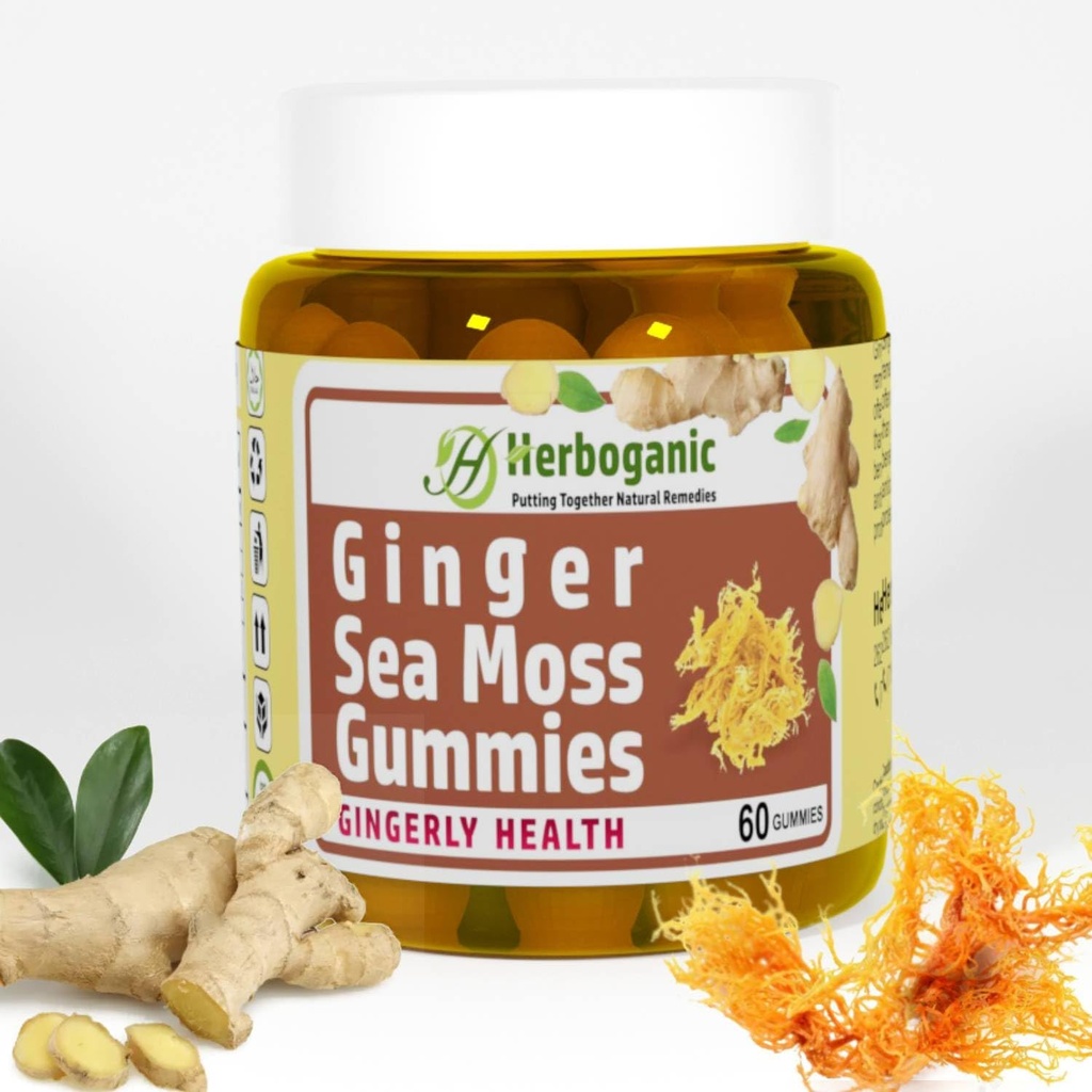 HERBOGANIC Ginger Sea Moss Gummies - Βότανο Υποστήριξη για την Ανοσοποιητική & Πειθαρχική Υγεία - Plant-Powered, Gluten-free & Vegan-Friendly - 60 Count