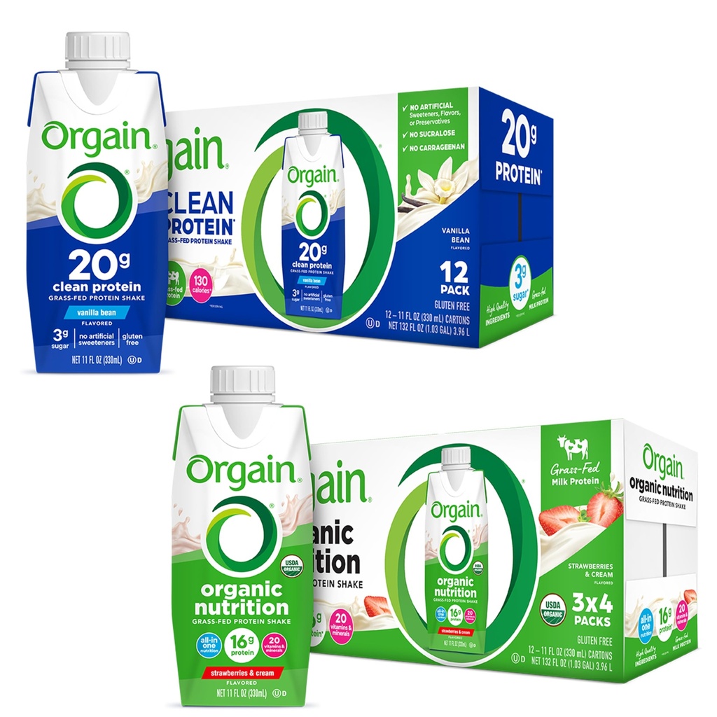 Orgain Clean Protein Shake, Grass Fed Dairy, Vanilla Bean (Pack of 12) and Orgain Organic Nutritional Protein Shake, Strawberries & Cream (Pack of 12)