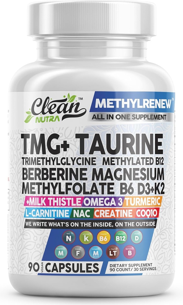 Clean Nutra TMG Supplements 1000mg | Methylated Multivitamin for Women Men | Taurine B6 Vitamins B12 D3 K2 Trimethylglycine Magnesium Methylfolate Milk Thistle NAC COQ10 B Supplement Complex Capsules