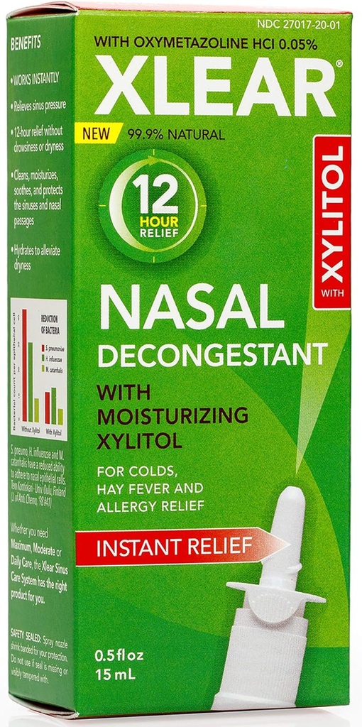 Xlear 12-Hour Natural Saline Nasal Decongestant Spray with Xylitol and Oxymetazoline, Instant Sinus Pressure and Congestion Relief for Kids and Adults 0.5 fl oz (Pack of 3)