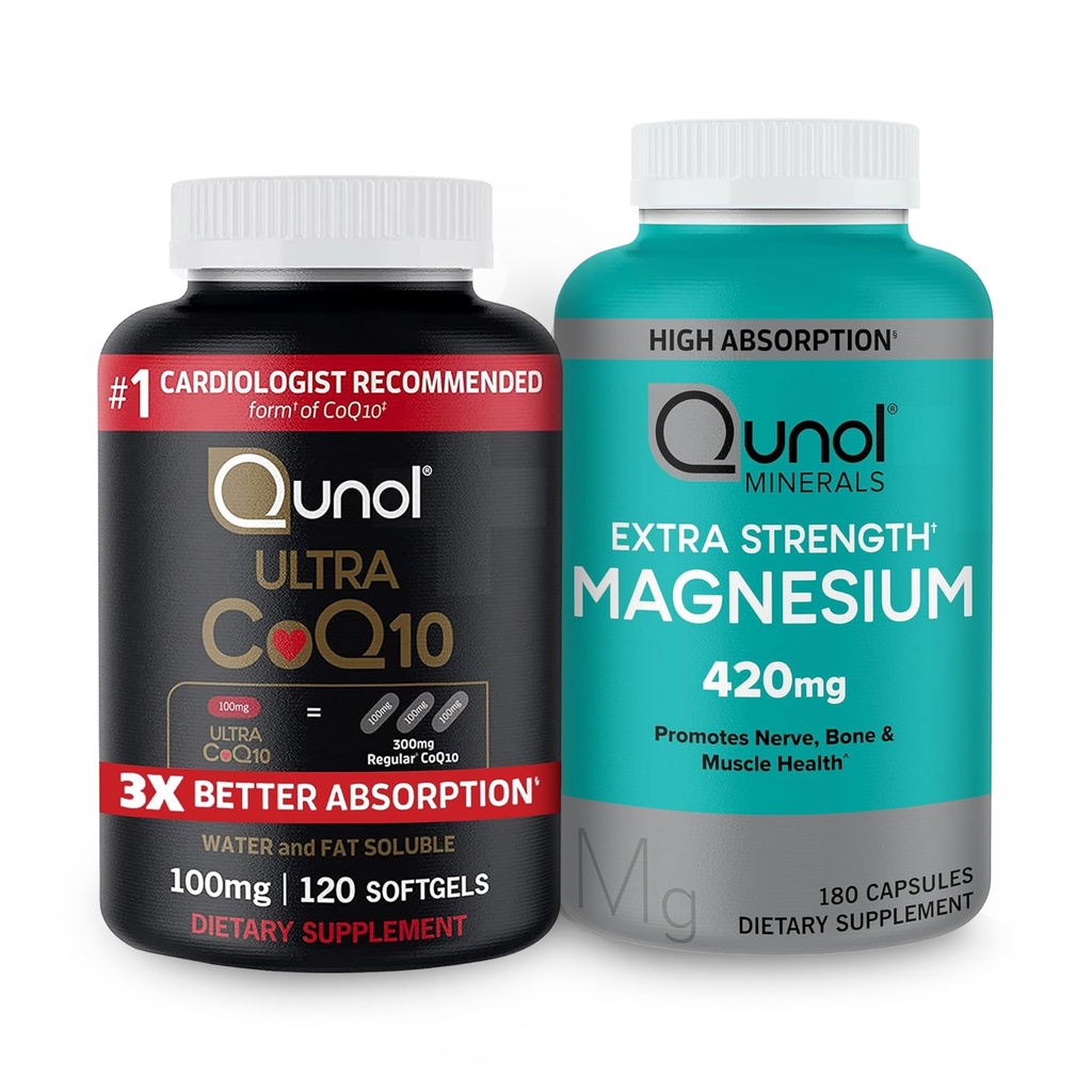 Qunol CoQ10 100mg Softgels, 3X Better Absorption 4 Month Supply + 120 Count Magnesium Glycinate Capsules 420mg, High Absorption Magnesium Supplement, 180 Count