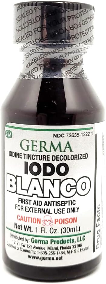 Ζέρμα Iodine Βάμμα Αποχρωματισμένο άχρωμο λευκό διαυγές υγρό Iodo YODO Blanco
