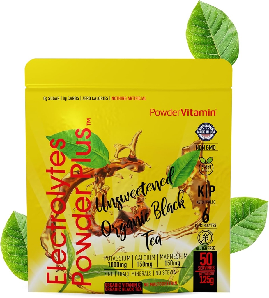 Σκόνη Vitamin Ηλεκτρολυτές σκόνη Plus (50 εξυπηρετούν) Μη ζαχαρωμένο Μαύρο Τσάι Ηλεκτρολύτη σκόνη Keto, SugarΔωρεάν, ροζ αλάτι Ιμαλαΐων,1000mgPotassium,150mgCalcium,150mgMagnesium, σκόνη Υδρίου NO STEVIA