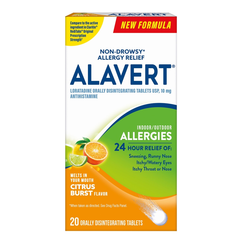 Alavert Αλλεργία 24 ώρες ανακούφιση, Citrus Burst Flavor, Διασπώμενα στο στόμα δισκία Αλλεργίας, Αντιισταμινικό μη υπνηλίας, Loratadine 10mg, 18 Count