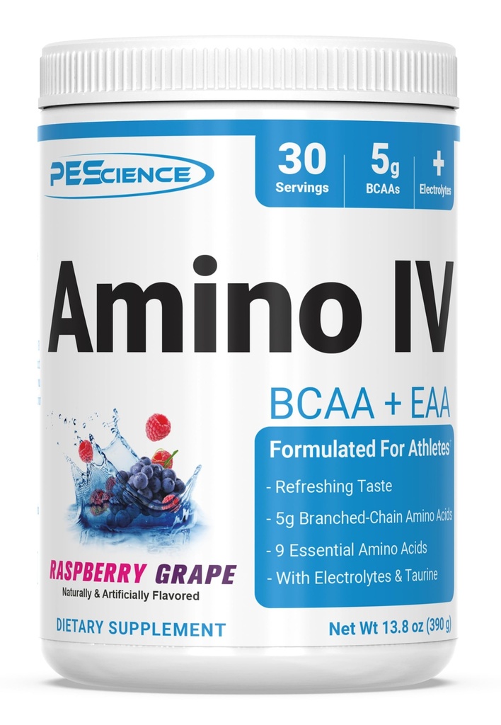 PEScience Amino IV BCAA & EAA Powder, Essential Amino Acids, Taurine, Ηλεκτρολυτές για την ενυδάτωση και την αποκατάσταση των μυών, Ζάχαρη Δωρεάν για άνδρες και γυναίκες, Post προπόνηση - Raspberry Grape - 30 Υπηρεσίες