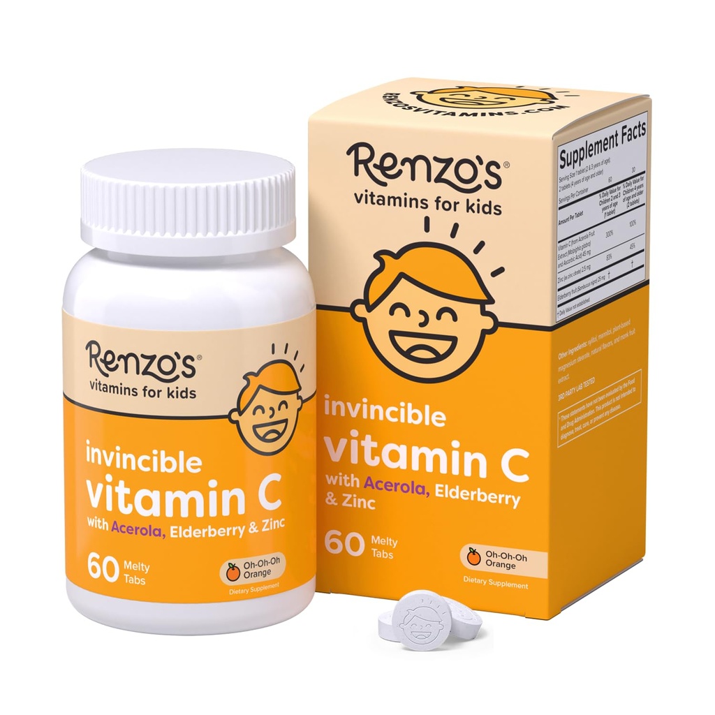 Renzo's Invincible Kids Vitamin C with Elderberry Vitamin C and Zinc, Dissolvable Kids Vitamins for Immune Support, Sugar-Free Melty Tabs, Orange Flavor, 60-Count (1-2 Month Supply)