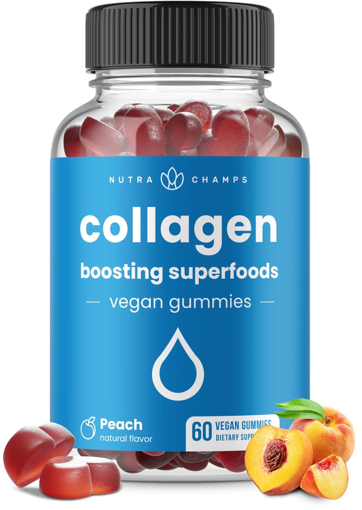 NutraChamps Collagen Ενισχύοντας Gummies, Collagen Booster Gummy για τη φυσική παραγωγή κολλαγόνου, Vegan Pectin Συμπληρώματα Chews για γυναίκες & άνδρες, 60 Ροδάκινες Βιταμίνες Gummies