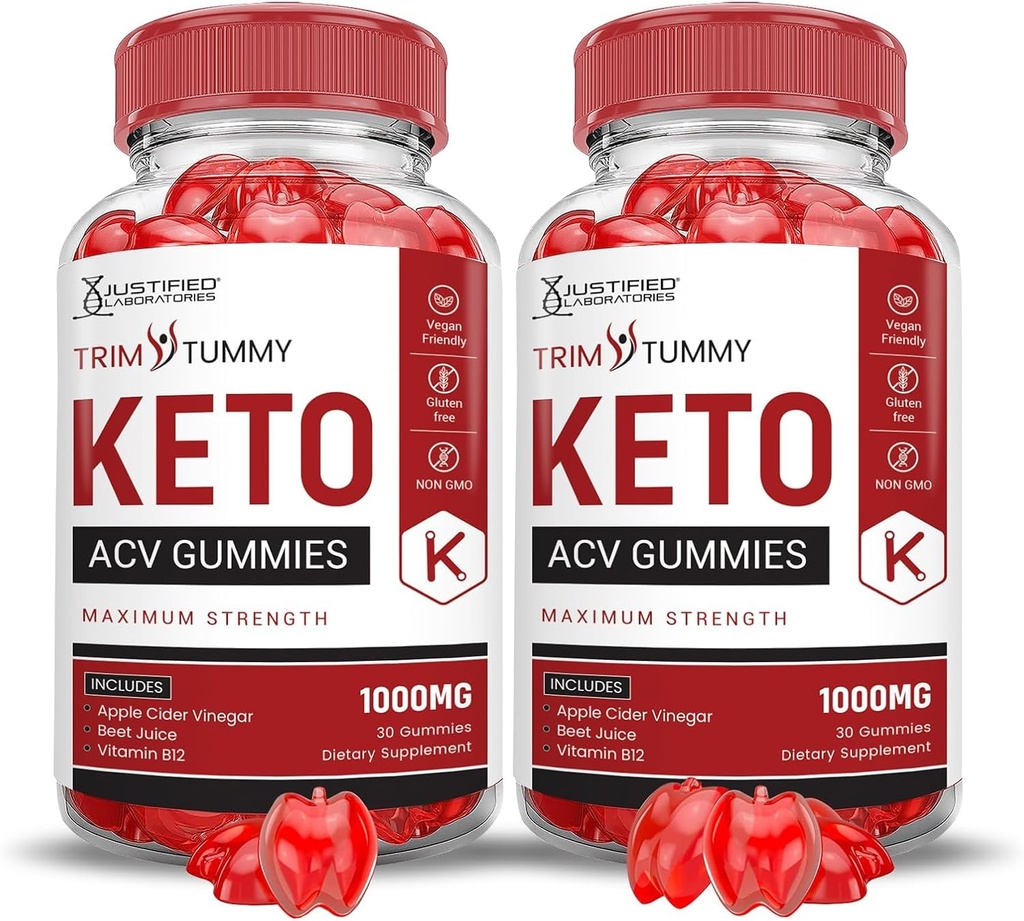 Justified Laboratories (2 Pack Trim Tummy Keto ACV Apple Cider Vinegar Formed with Pomegranate Beet Juice Powder B12 Vegan Non GMO 120 Gummies