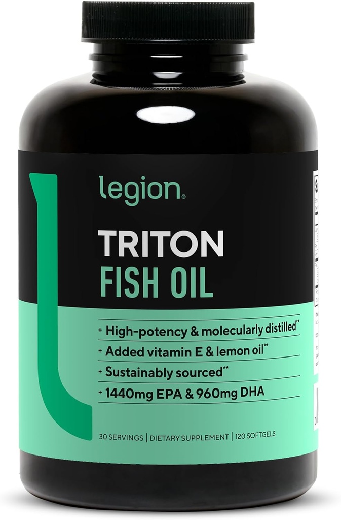 LEGION Triton Fish Oil Κάψουλες - τριπλή δύναμη Ωμέγα 3 Απαραίτητα λιπαρά οξέα με βιταμίνη Ε & λεμονέλαιο για μέγιστη απορρόφηση, φρεσκάδα & καθαρότητα - 2400mg EPA & DHA ανά υπηρεσία, 30 Svgs