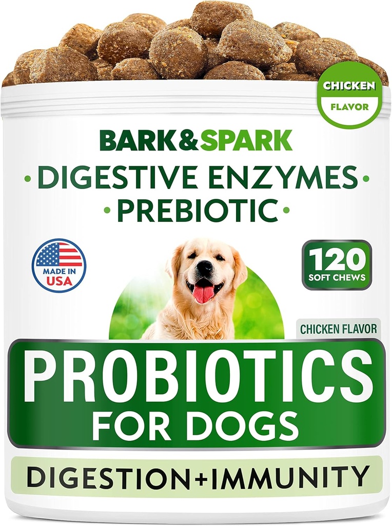BARK&SPARK Dog Probiotic Chews - Αέριο, Διάρροια, Αλλεργίες - Ένζυμα + Πρεβιοτικά - Μασώμενα Ίνες - Θήκη, Ανοσία - USA Made - 90 Ct - Κοτόπουλο