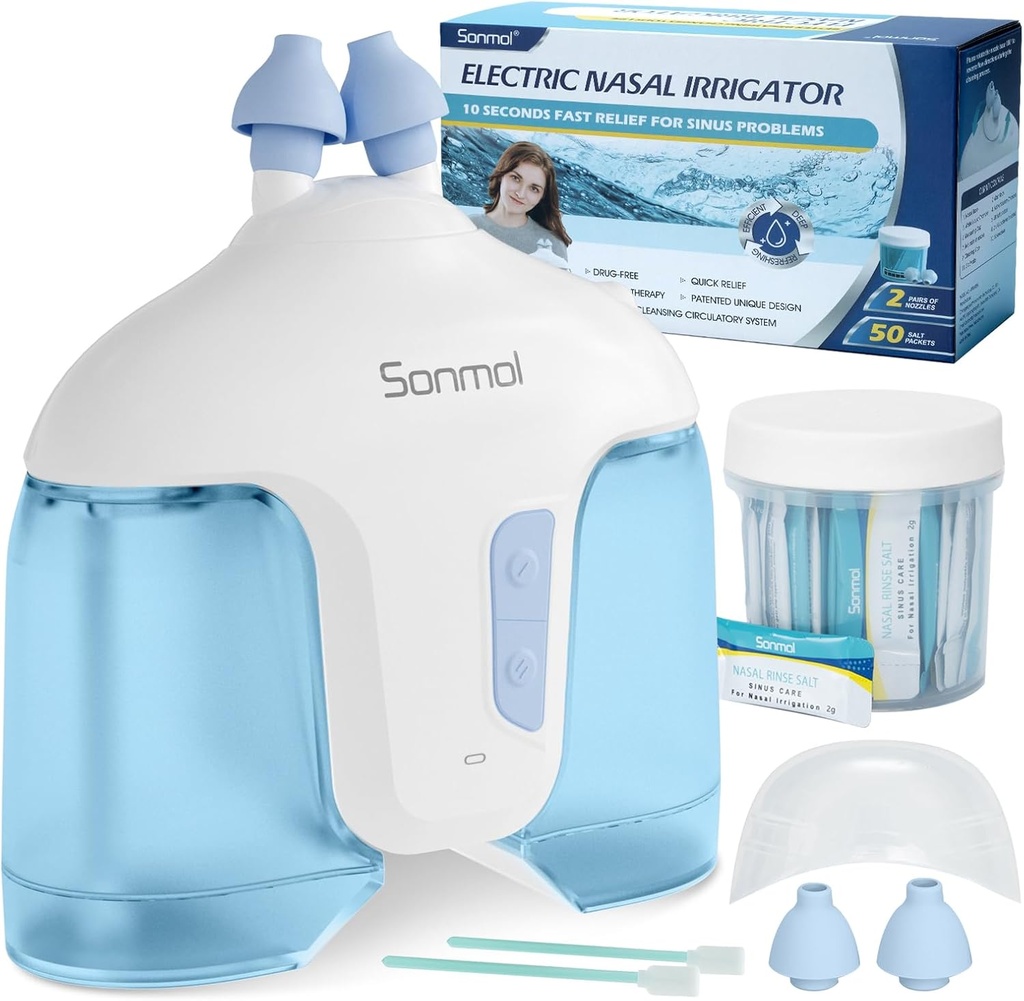 Sonmol ηλεκτρικό Nasινικό σύστημα άρδευσης (Nasal Irigation, Blue), Μύτη καθαριστικό για Sinus Ενηλίκων, αυτοκαθαριζόμενος Nasal Cleaner με 50 Packets Saline