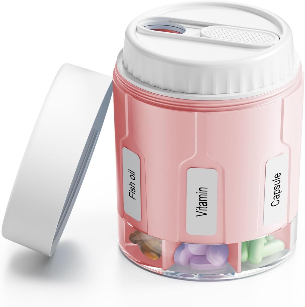 Daviky Pill Μπουκάλι Organizer, συμπλήρωμα Organizer με 7 μεγάλα διαμερίσματα, Travel Pill Dispenser Round Pill Box με δύο Lids (Pink+) Λευκό)