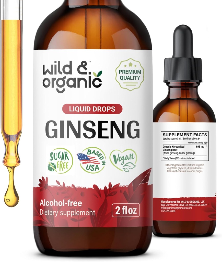 Άγρια & οργανικά Korean Red Ginseng Extract Drops - συμπλήρωμα Panax Ginseng για την υποστήριξη του ανοσοποιητικού - Υγρή απόχρωση ρίζας για τη συνολική ευεξία - Vegan, ζάχαρη & αλκοόλ-ελεύθερο - 2 fl oz