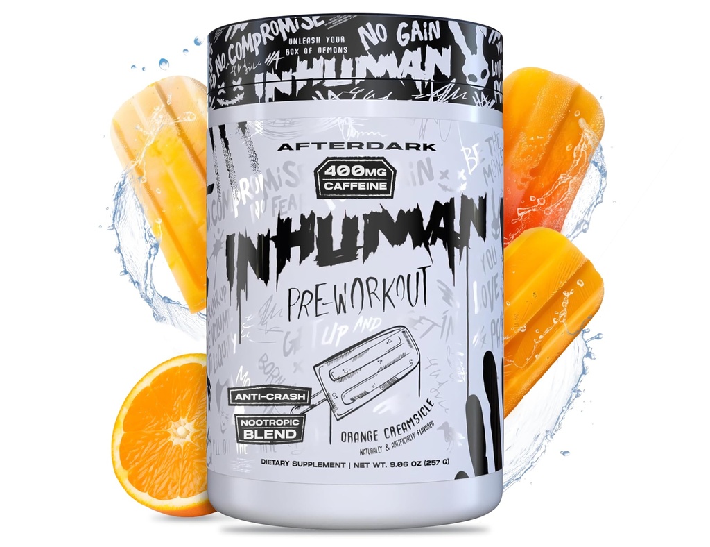 AFTERDARK INHUMAN Pre-Workout Powder, Enhanced Mind-Muscle Connection, Sustained Energy, Potent Nootropic Blend, Vegan, Gluten-Free, Soy-Free, 400mg Caffeine, No Crash, Orange Creamsicle