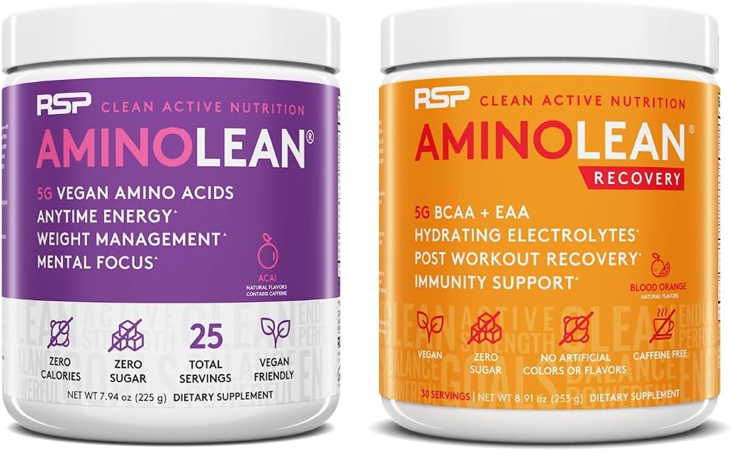 RSP NUTRITION Vegan AminoLean Pre Workout Energy (Acai 25 Services) με AminoLean Recovery Post Workout Boost (Blood Orange 30 Services)