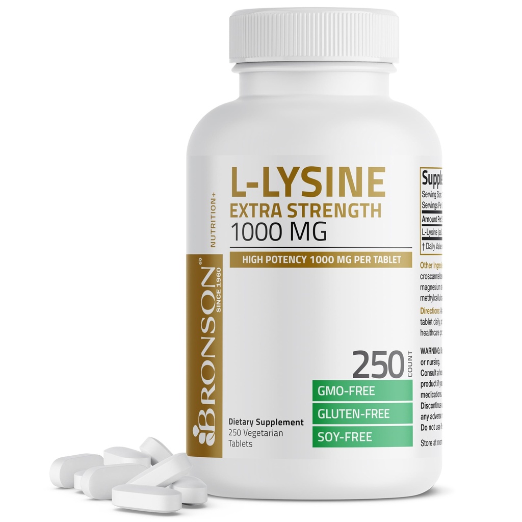 Bronson L- Lysine Extra Strength 1000 MG ανά δισκίο Υψηλής Ικανότητας, Ανοσολογική Υποστήριξη & Υποστήριξη Σύνθεση Κολλαγόνου, Μη- ΓΤΟ, 250 Χορτοφαγικά Δισκία
