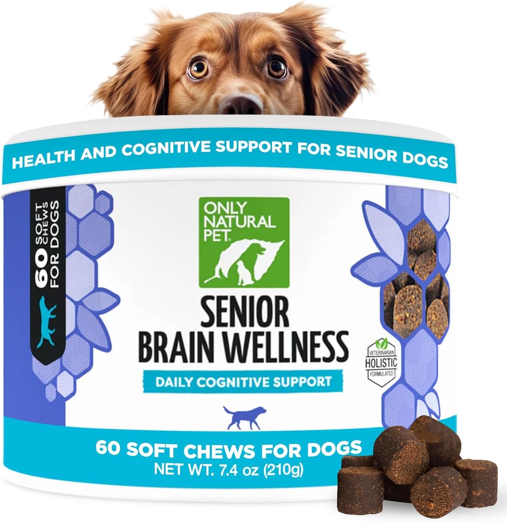 ONLY NATURAL PET Senior Brain Wellness Dog Chews - Small, Medium & Large Breeds, Toothless & Geriatric Dogs, Soft Chicken & Bacon Flavor Snacks, Baked Treats - 60 Count