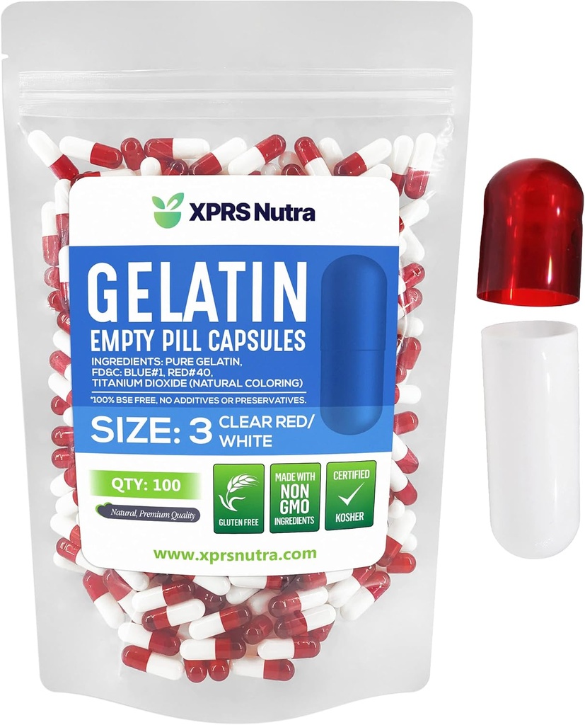 XPRS Nutra Μέγεθος 3 Κενές κάψουλες - 100 Count Empty Gelatin Κάψουλες - Χάπια DIY Καψάκιο Γέμισμα - Αγνά καπάκια τζελ Μπόβιν Χάπι Γέμισμα για Do-It-Yourself Βιταμίνες και Συμπληρώματα (Καθαρίστε Κόκκινο / Λευκό)