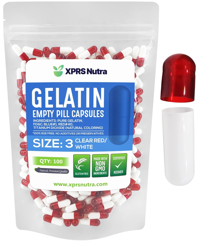 XPRS Nutra Size 3 Empty Capsules - 100 Count Empty Gelatin Capsules - Pills DIY Capsule Filling - Pure Bovine Pill Gel Caps Fillable for Do-It-Yourself Vitamins and Supplements (Clear Red/White)