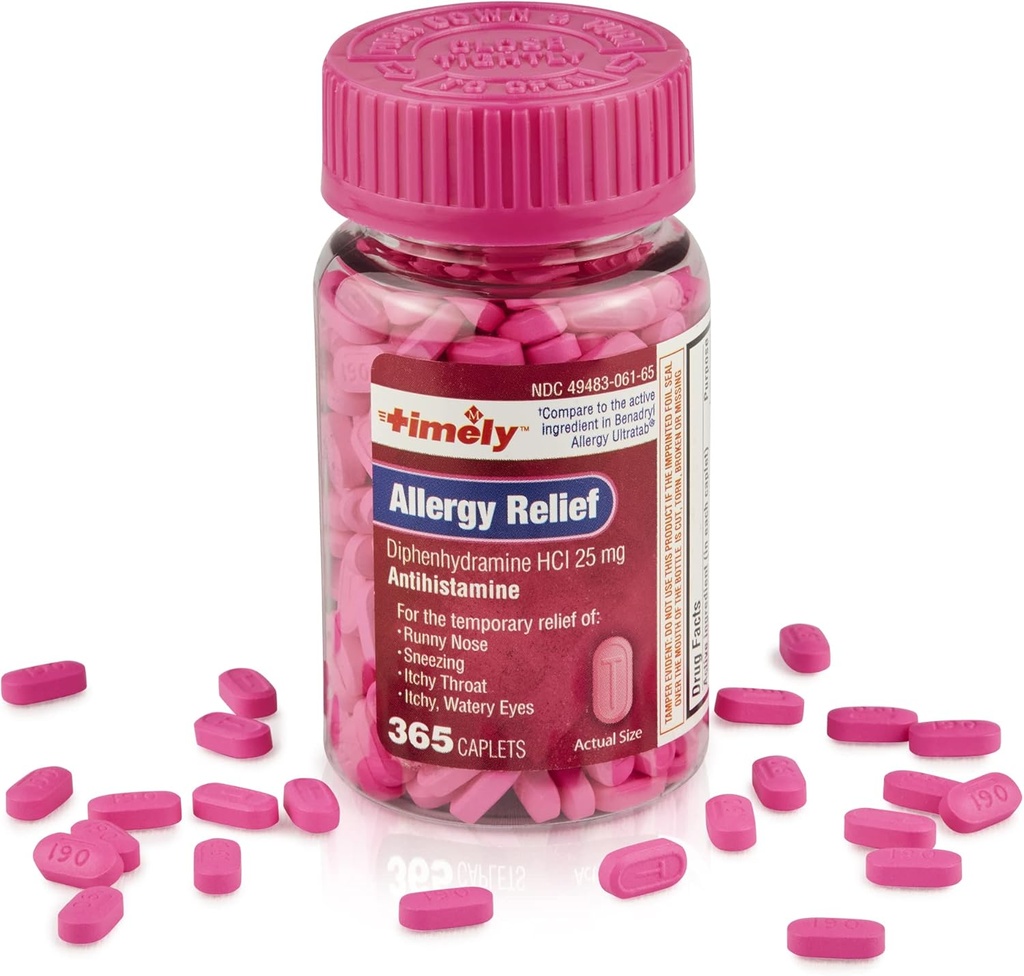 Timely Allergy Relief Diphenhydramine HCl 25 mg - 365 Caplets - Σε σύγκριση με Benadryl Allergy Ultratab - Αντιισταμινικό - Αλλεργική φαρμακευτική αγωγή - Runny Nose Relief for Adults - Watery Eyes Treatment