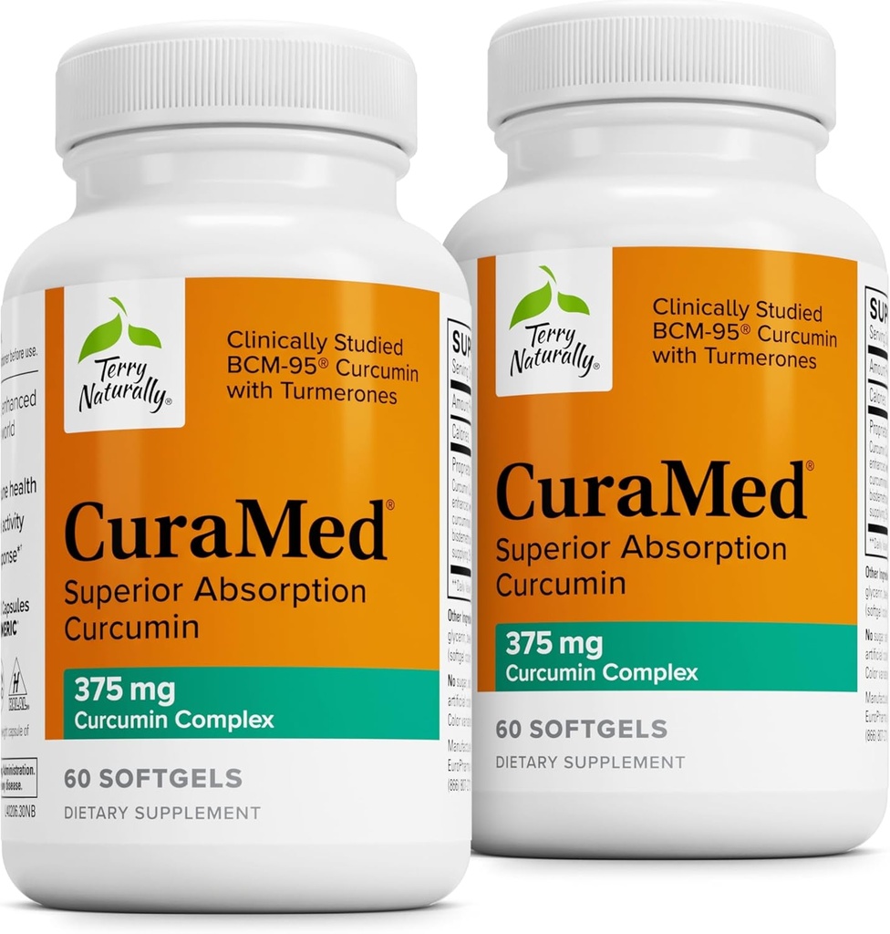 Terry φυσικά CuraMed 375mg - Αντιοξειδωτικό συμπλήρωμα για την υποστήριξη του εγκεφάλου & ανοσοποιητικών υγείας - Συμπλήρωμα διατροφής με αιθέριο έλαιο κουρκουμίνης & κουρμερικής - Φυτική υποστήριξη ήπατος - 60 Softgels (πακέτο του 2)