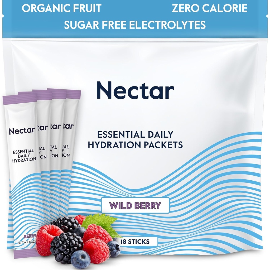Πακέτα Ενυδάτωσης Nectar - Packets σκόνης ηλεκτρολυτών - Χωρίς Ζάχαρη ή θερμίδες - Βιολογικά Υγρά Φρούτων Καθημερινά IV Ζευγάρια Ενυδάτωσης για Αφυδάτωση Ανακούφιση και ταχεία ενυδάτωση (Berry 18 Pack)
