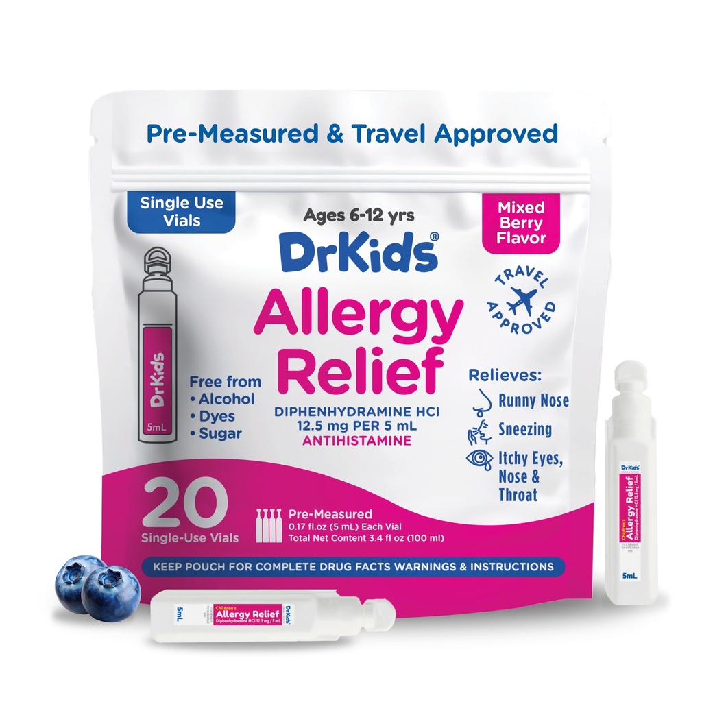 Dr. Kids Children's Allergy Relief Medicine with Diphenhydramine - Pre-Measureed Single-Use Vials, Kids Antiistamine for Sneezing, Runny Nose & Ichy Eyes, Mixed Berry Flavor, 20 Count (Pack of 1)