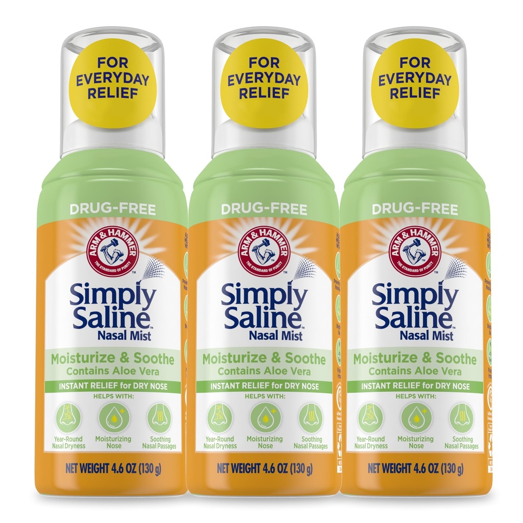 ARM & Hammer Simply Saline Moisturize & Soothe Nasal Mist, Drug-Free Moisturizing Saline Nasal Spray for Instant Relief for Dry Nose, 4.6 Oz (130 g), 3 Pack