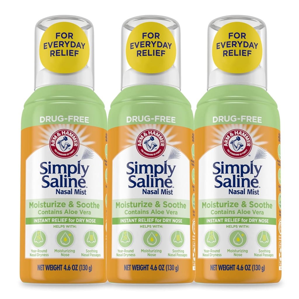 Arm & Hammer Simply Saline Moisturize & Soothe Nasal Mist, Drug-Free Moisturizing Saline Nasal Spray for Instant Relief for Dry Nose, 4.6 Oz (130 g), 3 Pack
