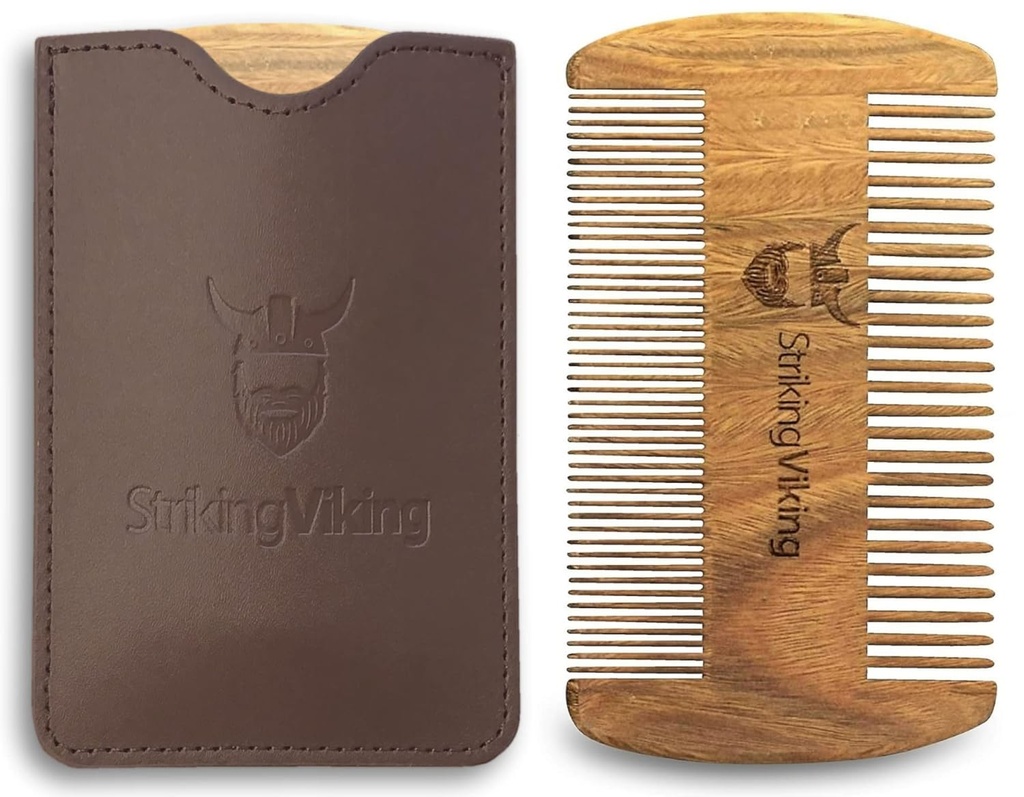 Strinking Viking Sandalwood Beard Comb & Case - Pocket-Sized Grooming Tool with Fine & Caarse Teeth, Perfect for use with Balms & Oils