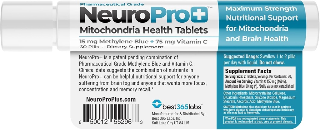 NeuroPro+ - Methylene Blue and C Complex - Tablets Υποστήριξης Mitochondria Μέγιστης Δύναμης - Υποστήριξη Ψυχικής Καθαρότητας ταχείας δράσης - 60 Tablets