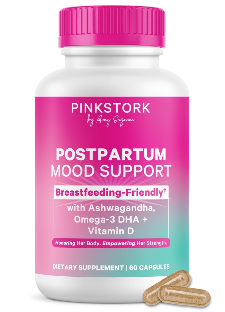 Pink Stork Postpartum Mood Support - Μεταγεννητική ορμονική ισορροπία για τις γυναίκες - Θηλασμός Φιλικό - Στρες & Γνωστική υποστήριξη, Νέα μαμά Απαραίτητα - Ashwagandha, Χαμομήλι, & Βιταμίνη D, 60 κάψουλες