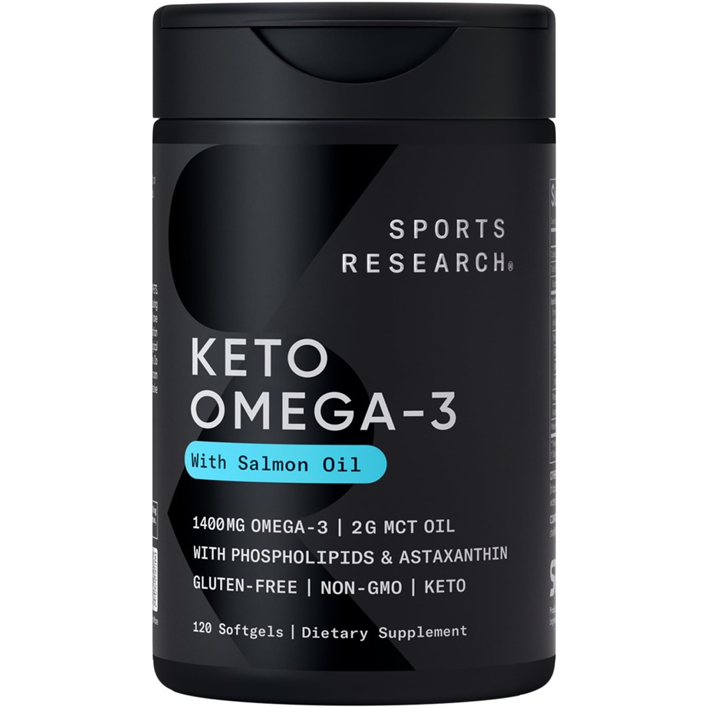 Sports Research® Keto Omega Fish Oil 1400mg - Full Spectrum Omega-3 Blend με Ασταξανθίνη & Coconut MCT Oil - Keto Certified, Soy & Gluten-Free (120 Softgels)