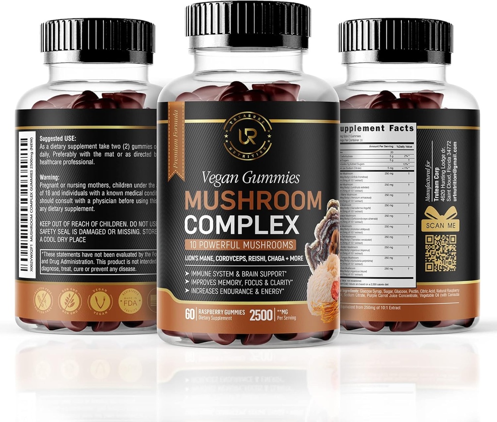 Mushroom Gummies | 10 Mushroom Supplement | 2500mg | Turkey Tail, Chaga, Reishi, Cordyceps & Lions Mane Organic Mushroom Extracts, Nootropic Brain Booster (180 Count (Pack of 3))