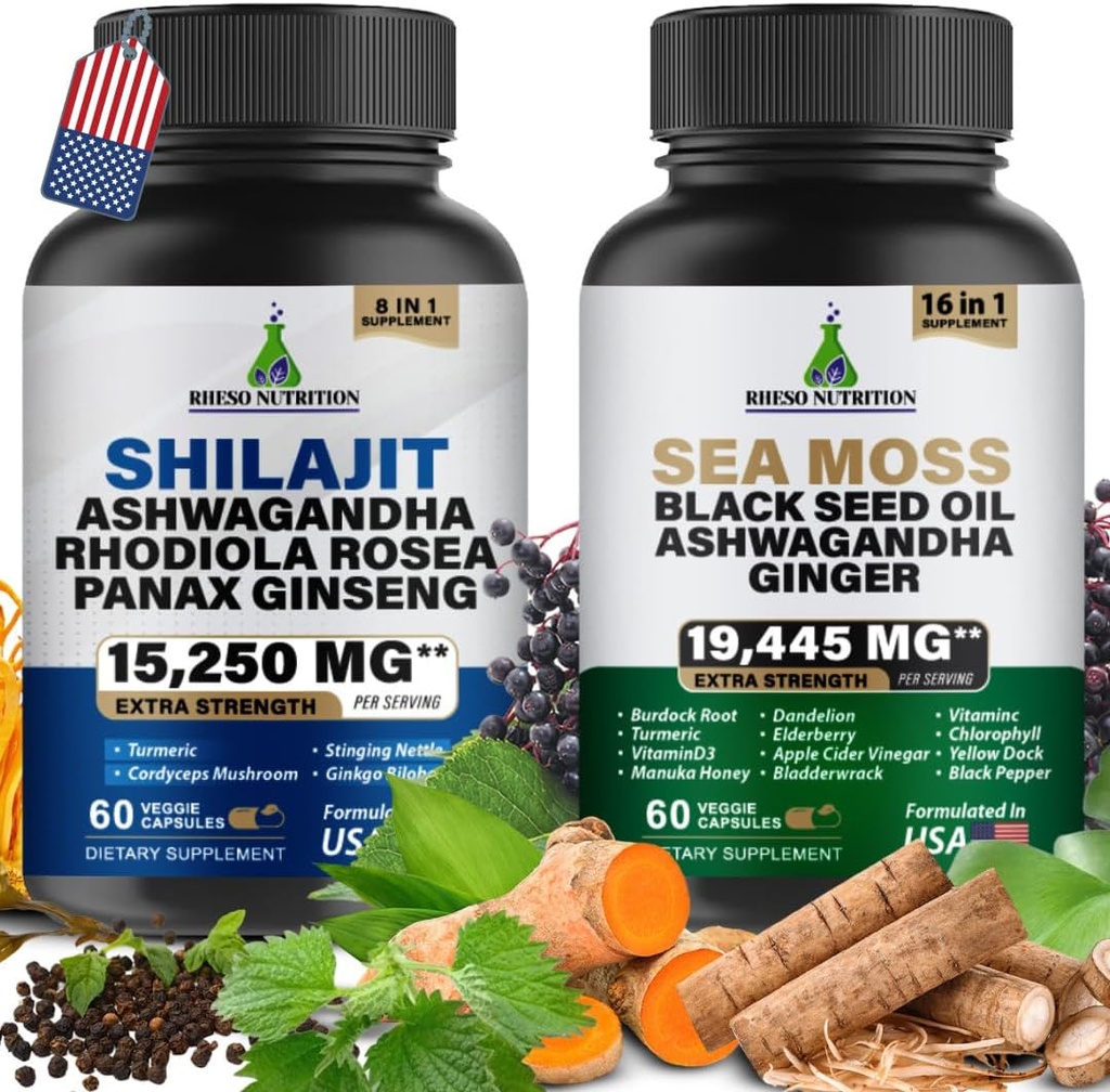 Sea Moss & Shilajit Multivitamin Bundle - Sea Moss 7000mg, Shilajit 9000mg, Black Seed Oil 4000mg, Ashwagandha 2000mg, Ginger & Rhodiola Rosea 1000mg, Όλα σε 1 συμπληρώματα