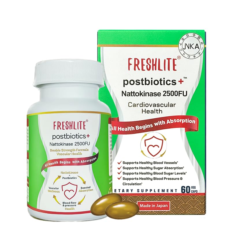 FRESHLITE 2500FU Premium NSK-SD Nattokinase & Vegan Postbiotics for Cardiovascular Support | Blood Pressure, Cholesterol & Heart Health | JNKA Certified | Non-GMO, Gluten-Free, 60 Capsules Japan Made