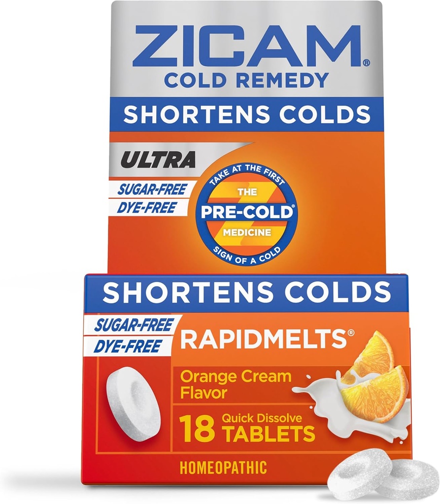 Zicam Ultra Cold Remedy Zinc Rapidmelts, Orange Cream Flavor, Homeopathic, Cold Shortening Medicine, Shortens Cold Duration, Sugar-Free, Dye-Free, 18 Count