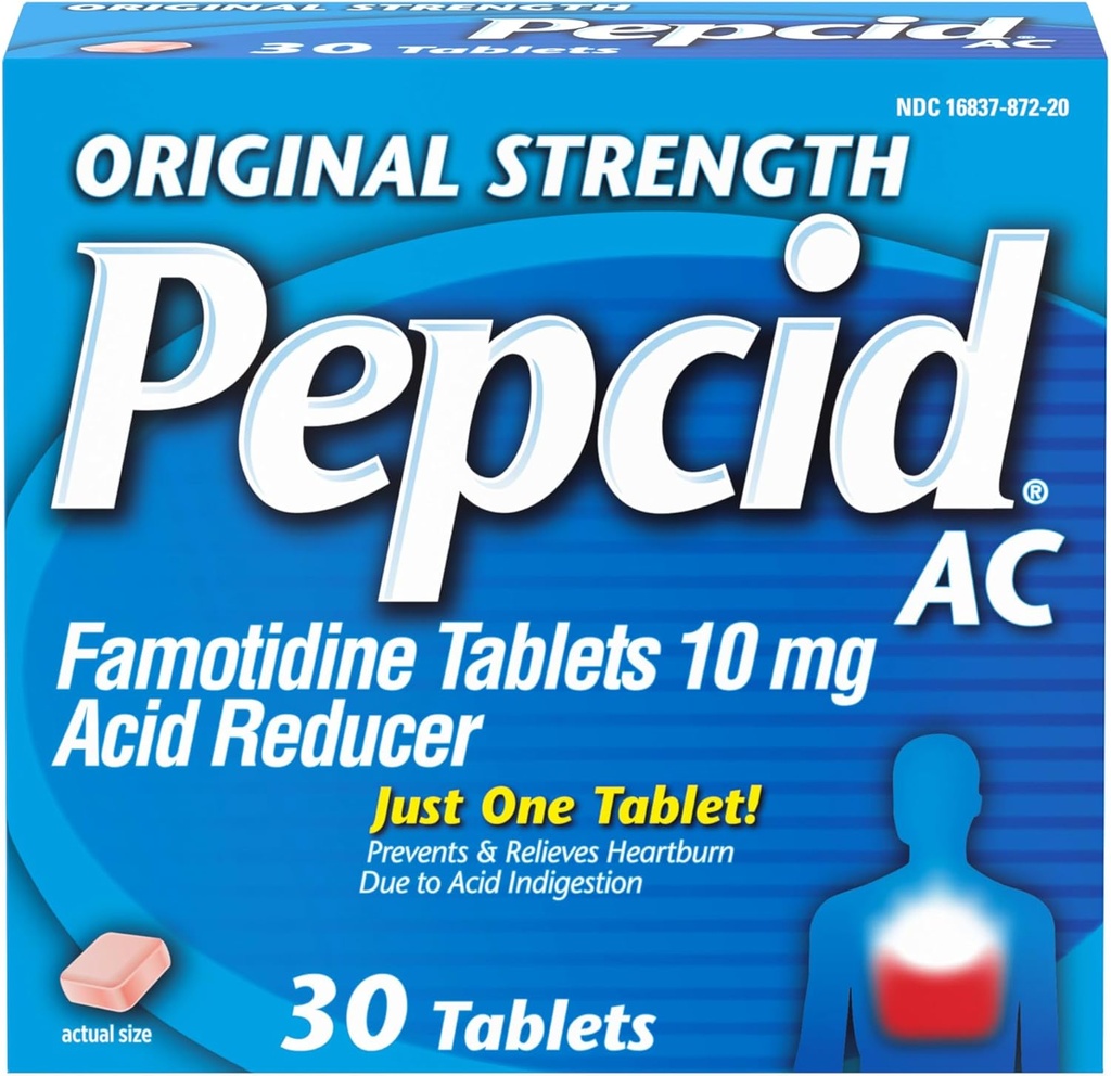 Pepcid AC Original Strength Heartburn Relief Tablets, OTC Medicine Αποτρέπει & Ανακουφίζει Heartburn & Acid Reflux Λόγω οξείας δυσπεψίας, 10mg Famotidine Acid Reducer, Fast- Acting, 30 ct