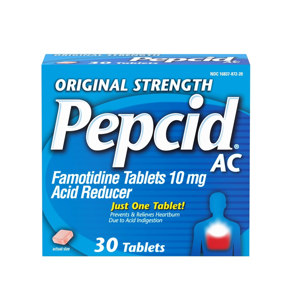 Pepcid AC Original Strength Heartburn Relief Tablets, OTC Medicine Prevents & Relieves Heartburn & Acid Reflux Due to Acid Indigestion, 10mg Famotidine Acid Reducer, Fast-Acting, 30 ct