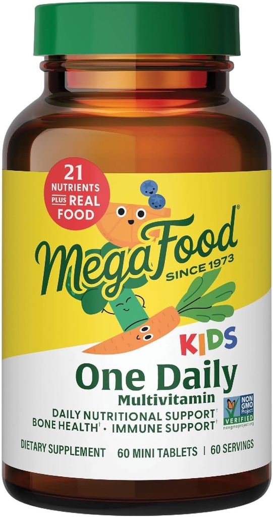 MegaFood Kids Μία Καθημερινή Πολυβιταμίνη - Βολικό Mini Multivitamin για παιδιά - με ψευδάργυρο, βιταμίνες C, B & D - Χορτοφαγικά, Χωρίς γλουτένη, Μη ΓΤΟ - 60 δισκία, 60 σερβιρίσματα