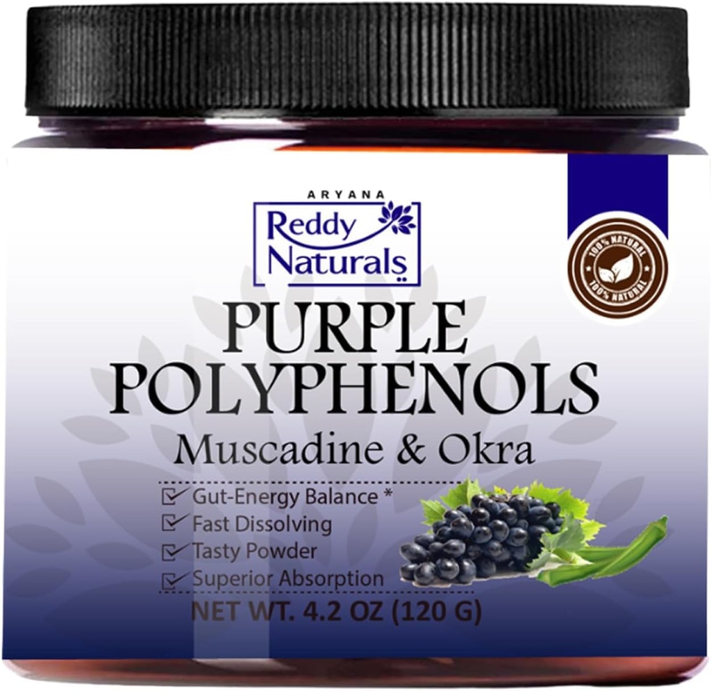 Reddy Naturals Purple Polyphenols Antioxidant Superfood Powder Drink Mix | Muscadine Grape Extract with Resveratrol, Ellagic Acid, Anthocyanins, Acacia Gum Fiber & Okra Non-GMO - 30 Servings