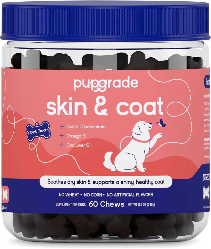 PupGrade Skin & Coat Soft Chew συμπλήρωμα για σκύλους – Υποστηρίζει υγιή δέρμα, παλτό, και ανοσοποιητική λειτουργία - πλούσια σε φυσικό ιχθυέλαιο, Ωμέγα λιπαρά οξέα, και βιταμίνες – 60 μαλακά μάσημα