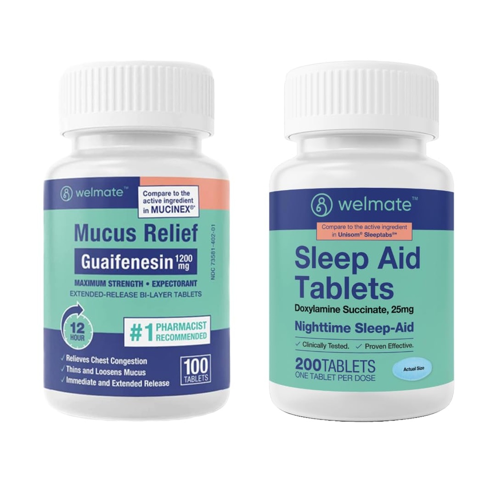 WELMATE Nighttime Wellness Bundle: Μέγιστη δύναμη Guaifenesin 1200mg Mucus Relief (100 Ct) & Doxylamine ηλεκτρική 25mg Sleep Aid (200 Ct) 