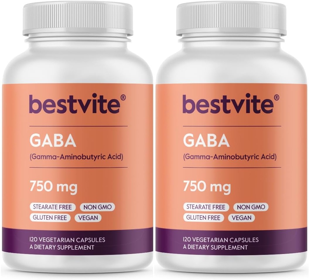 BESTVITE GABA 750mg ανά καψάκιο (240 κάψουλες χορτοφάγων) (120 x 2) - Χωρίς Stearates - No fillers - Vegan - Χωρίς γλουτένη - Μη ΓΤΟ