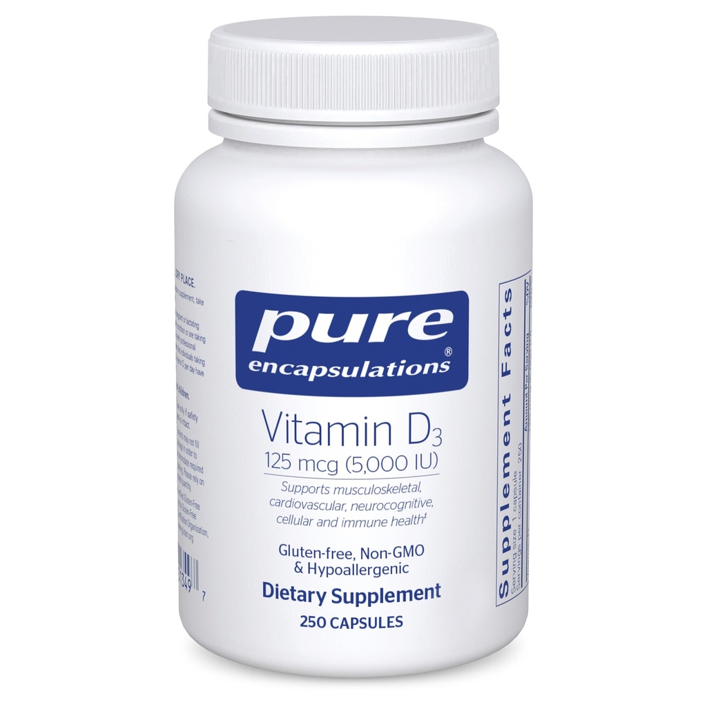 Pure Encapsulations Βιταμίνη D3 125 mcg (5,000 IU) - Συμπλήρωμα για την υποστήριξη των οστών, των αρθρώσεων, του μαστού, της καρδιάς, του παχέος εντέρου και του ανοσοποιητικού * - με βιταμίνη D - 250 κάψουλες