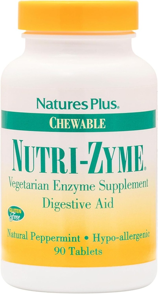 NaturesPlus Nutri Zyme - 90 Chewable Tablets, Peppermint Flavor - συμπλήρωμα φυτικών ενζύμων με Bromelain & Papain, Natural Digestive Aid - Χωρίς γλουτένη - 45 Σερβιέτες