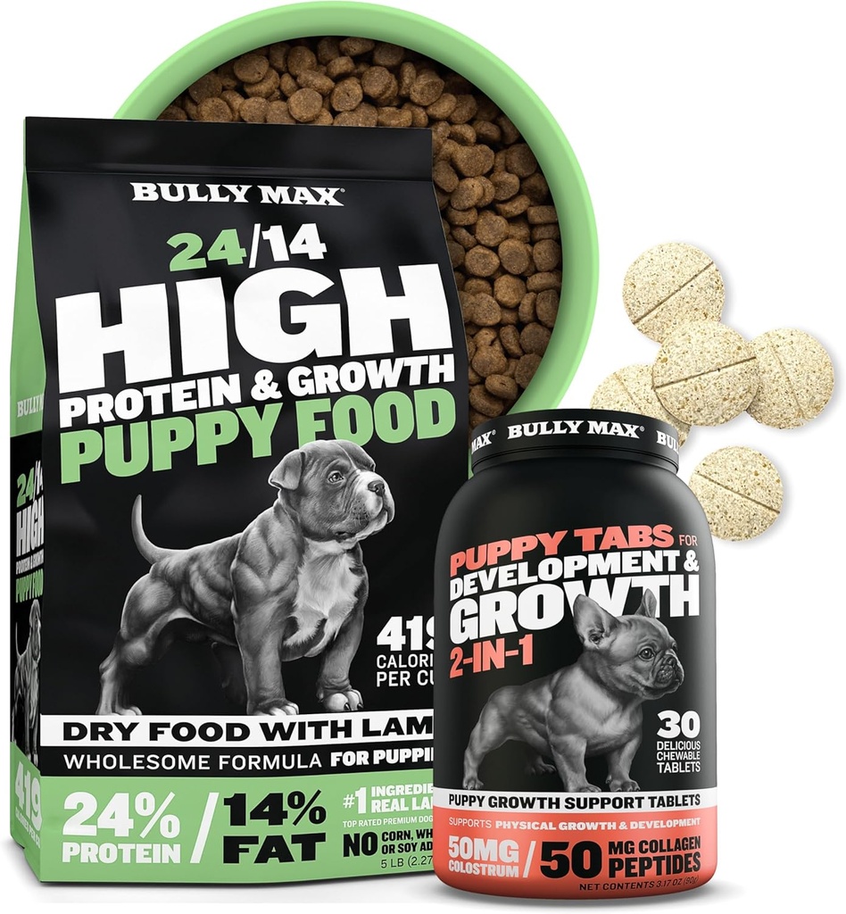 Bully Max 24/14 High Protein Puppy Food (5lbs.) και Puppy Vitamins (30 μασώμενες καρτέλες) για την Ανάπτυξη & την Ανάπτυξη Bundle – Μυϊκό, Ανοσοποιητικό, Οστά & Digestive Υποστήριξη σε Μικρά και Μεγάλα Κουτάβια Φυλή