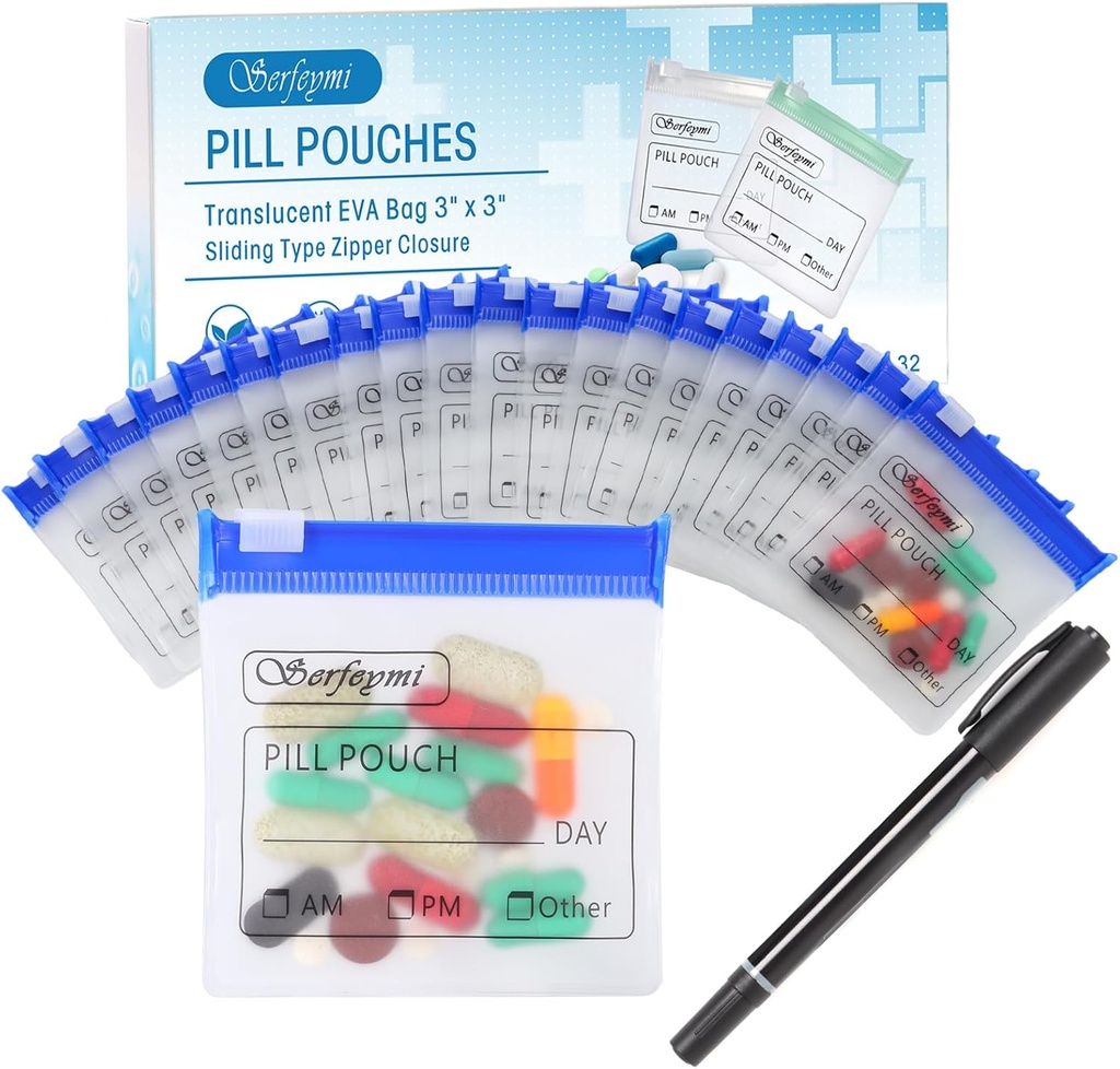 Serfeymi 32 Pcs Zippered Pill Pouches Organizer Πλαστικά Τσάντες 3 X 3 Ίντσες 12 εκατ. Αυτο Σφραγίζοντας με Slide Lock Writable Διαφανές Τσάντα Travel Ιατρική Αποθήκευση Τσάντα και 1 τεμ.