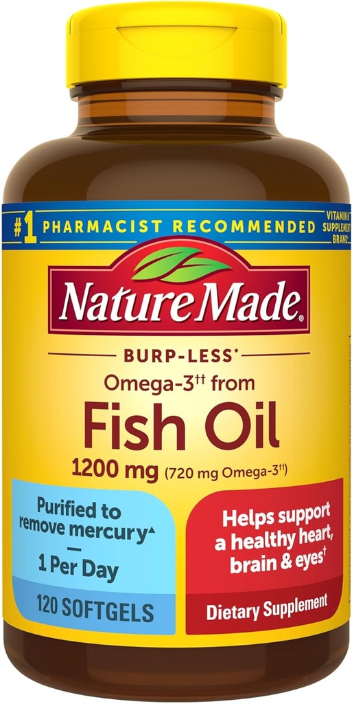 Nature Made Burp Less Omega 3 Fish Oil Supplements, 1200mg, EPA DHA Omega 3 Supplement as ethyl Esters, Fish Oil Softgels for Healthy Heart, Brain and Eyes Support, One per day, 120 Softgels