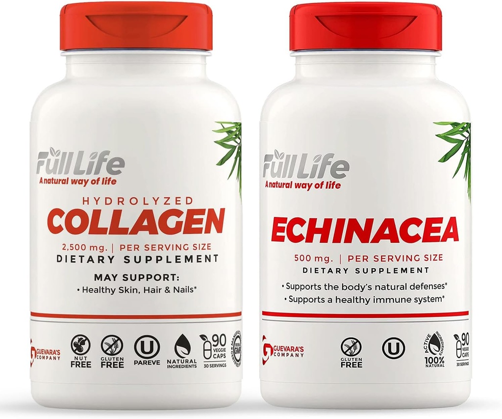 Full Life Hydrolyzed Collagen and Echinacea Capsules - Συμπληρώματα διατροφής - Bovine Collagen Pills for Women and Men - Echinacea Purpurea Extract, Gluten-Free - 90 Veggie Κάψουλες